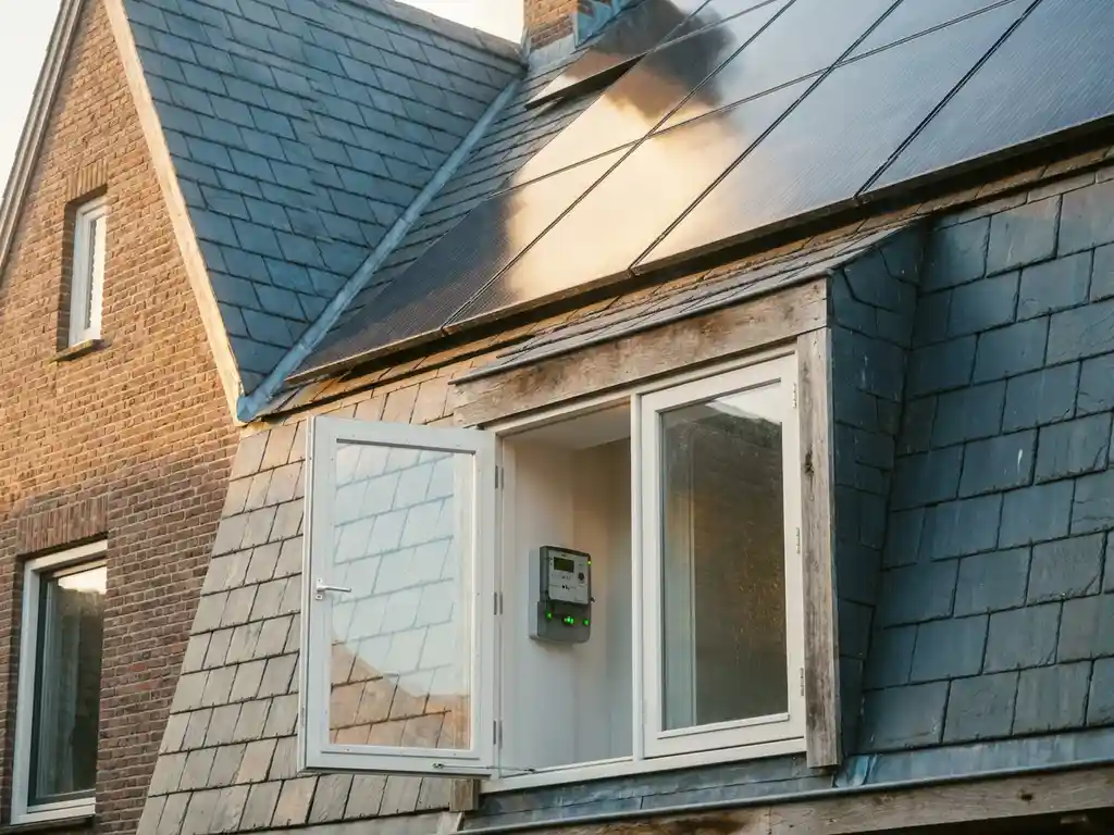 Zonnepanelen op Nederlands woonhuis met slimme energiemeter zichtbaar door raam, warme middagzon reflecteert op fotovoltaïsche cellen.