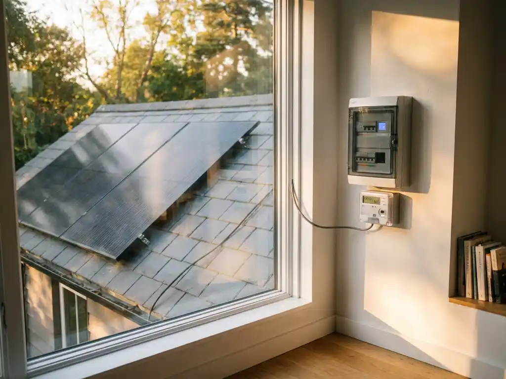 Zonnepanelen op residentieel dak verbonden met moderne zekeringkast op witte muur, slim energiemeter zichtbaar in warm middaglicht.