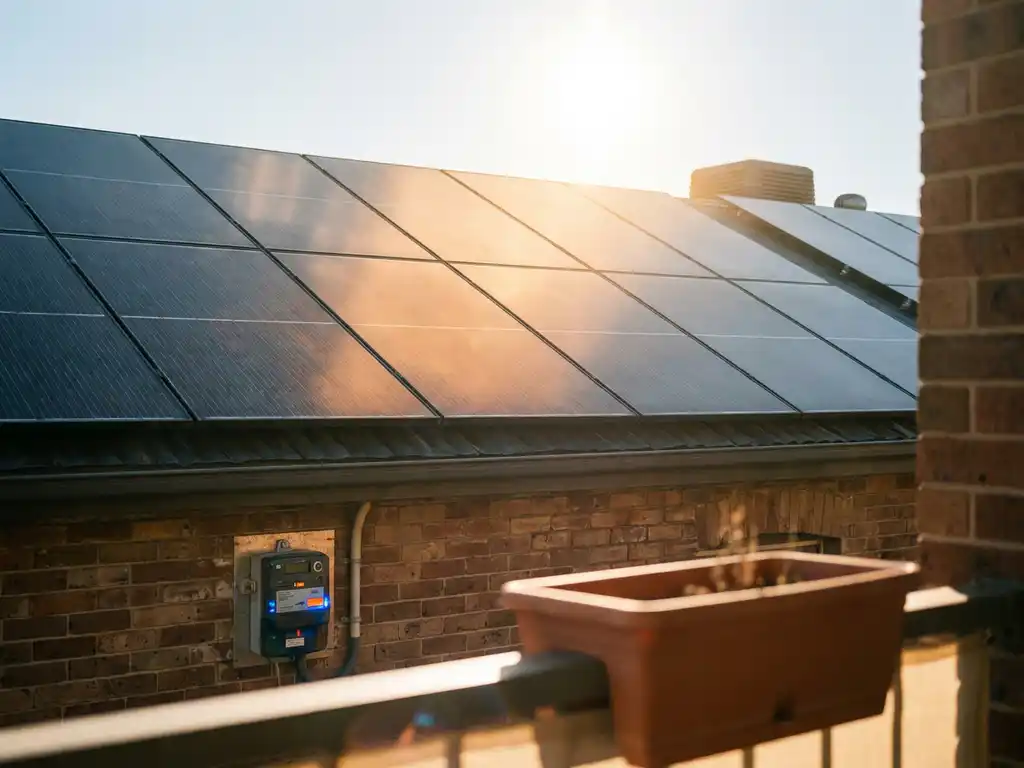 Zonnepanelen op woonhuisdak in felle middagzon, met actieve slimme elektriciteitsmeter op bakstenen buitenmuur.