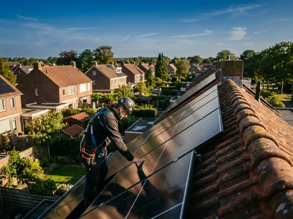 Technicus inspecteert zonnepanelen op terracotta dak van Nederlandse woning in warm middagzonlicht.