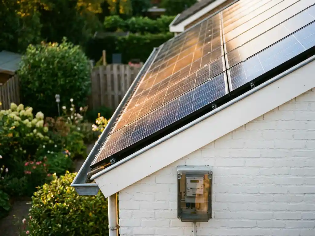 Zonnepanelen op Nederlands woonhuis met gouden middagzon, elektriciteitsmeter aan witte gevel en groene tuin op achtergrond.