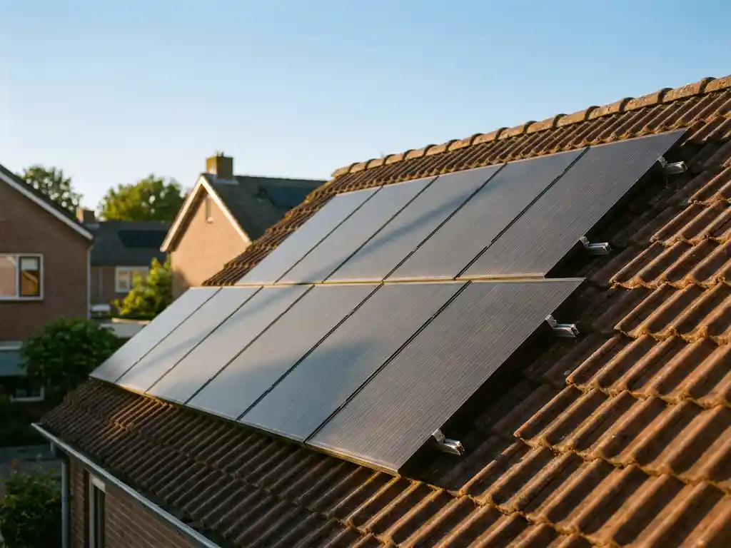 Tien zonnepanelen op een Nederlands woonhuis in warm middaglicht, met een blauwe lucht en woonwijk op de achtergrond.