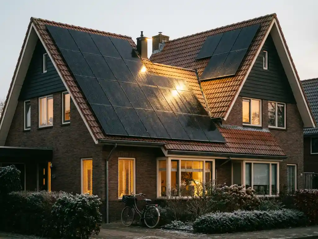 Zonnepanelen op steil Nederlands bakstenen dak in gouden middagzon, bevroren tuin en warme ramen zichtbaar op de achtergrond.