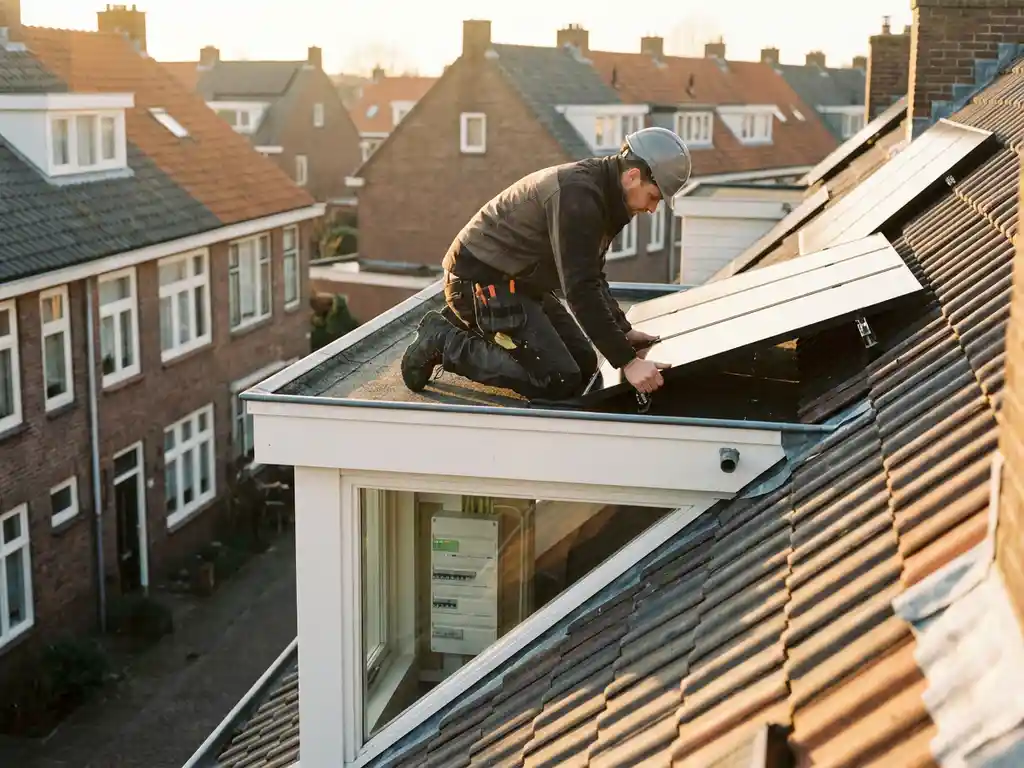 Gecertificeerde elektricien installeert zonnepanelen op een zonnig Nederlands woonhuis met terracotta dakpannen.