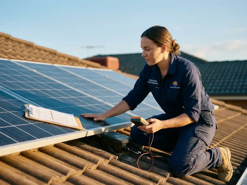 Gecertificeerde elektricien inspecteert zonnepanelen op een residentieel dak in warm middagzonlicht, terracotta dakpannen en blauwe lucht op de achtergrond.
