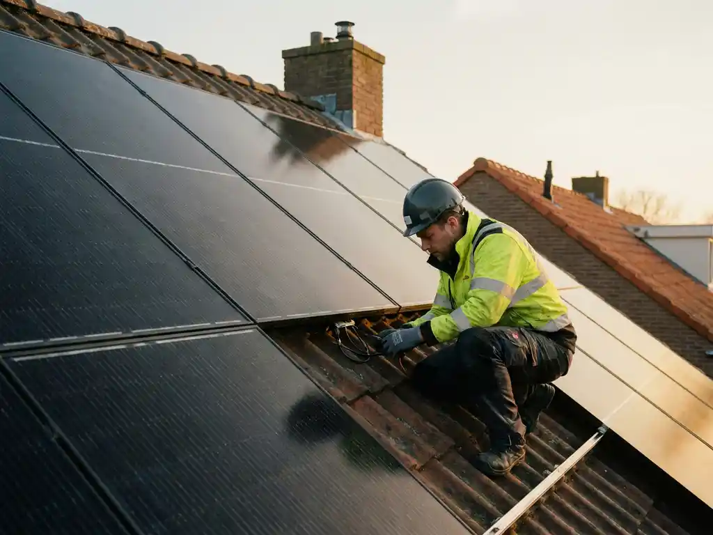 Elektricien inspecteert bekabeling van zonnepanelen op Nederlands woonhuis, gouden middaglicht weerspiegelt op fotovoltaïsche cellen.