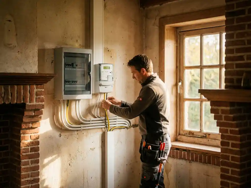 Elektricien installeert zonnepaneel bedrading bij een moderne zekeringkast in een Nederlandse bakstenen woning.