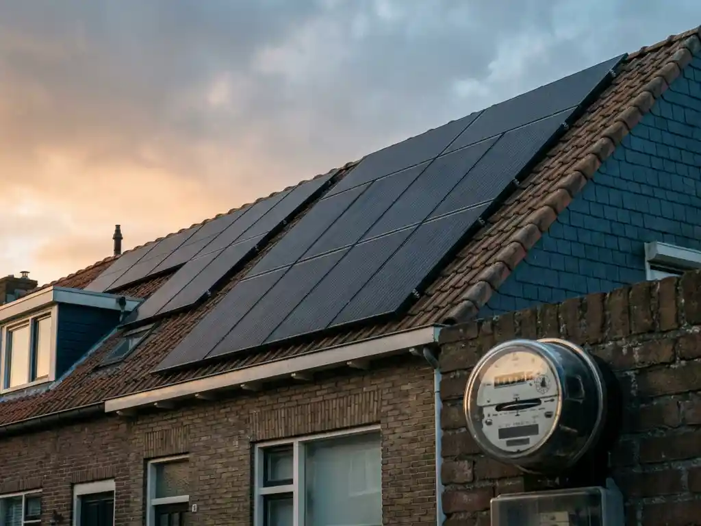 Zonnepanelen op een Nederlands woonhuis met een analoge energiemeter aan de bakstenen buitenmuur in het late middaglicht.