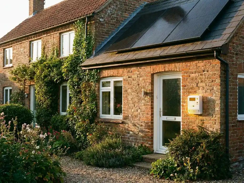 Verweerde Nederlandse bakstenen woning met zonnepanelen op het dak en een slimme meter op de gevel, omgeven door een groene tuin.