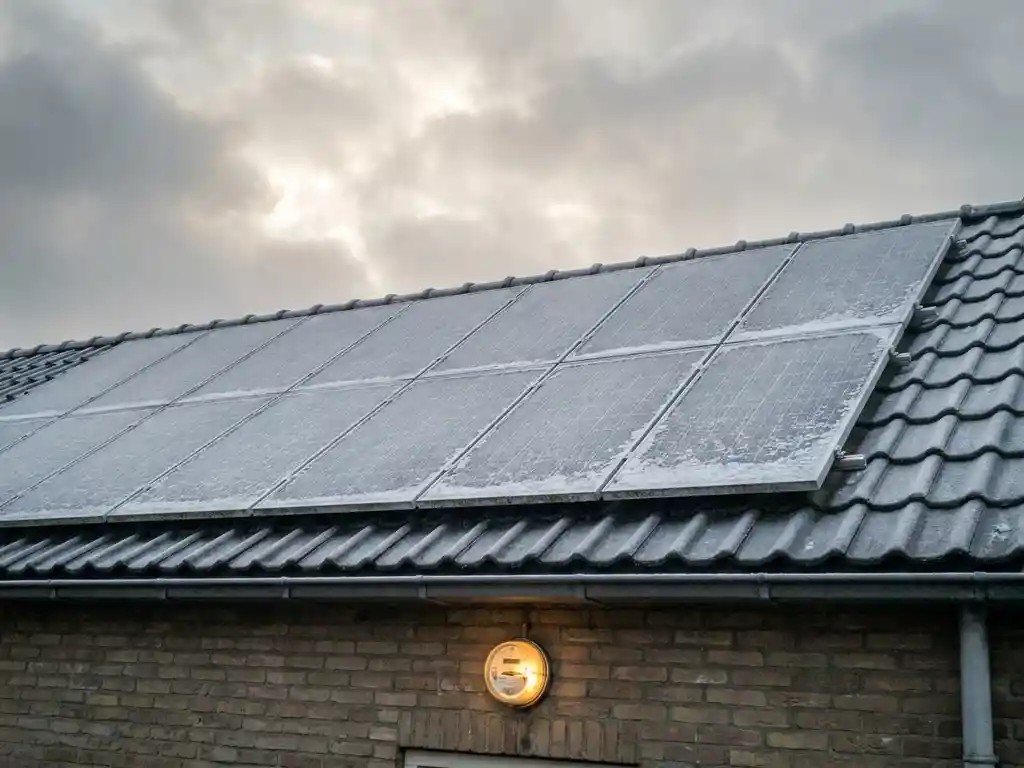 Sneeuwbedekte zonnepanelen op Nederlands woonhuis in de winter, met bewolkte lucht en zachtgloeiende stroommeter aan de gevel.