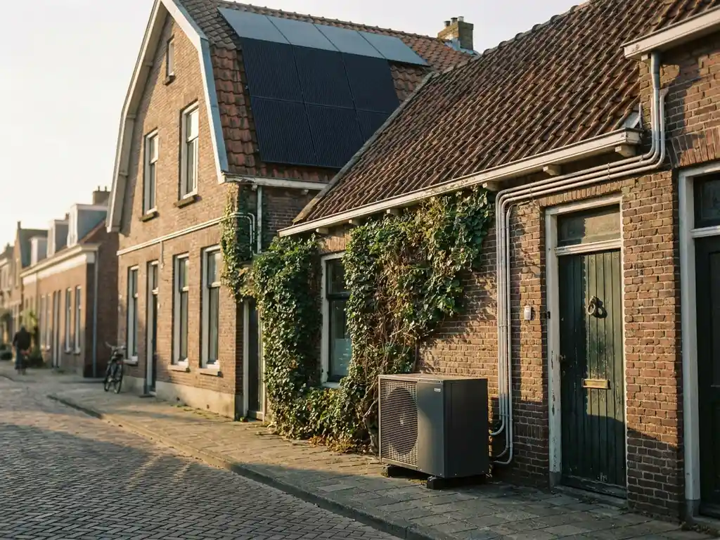 Gerenoveerde Nederlandse bakstenen rijwoning met zonnepanelen op terracotta dak en warmtepomp naast historische houten voordeur.
