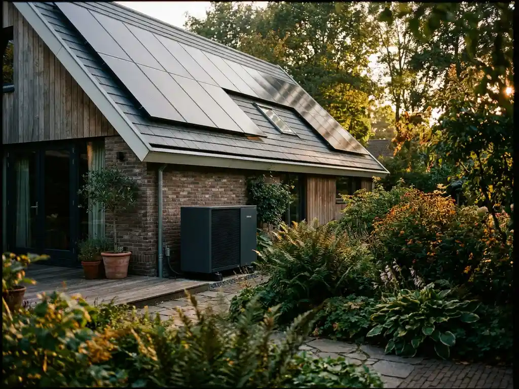 Zonnepanelen op het dak van een moderne Nederlandse woning met een warmtepomp naast het huis, omgeven door een groene tuin.