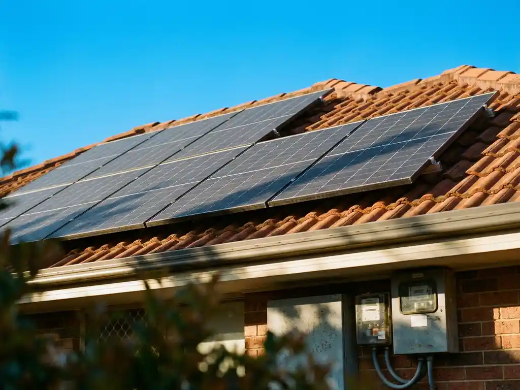 Zonnepanelen op residentieel dak in vol zonlicht, met zichtbare elektriciteitsmeter en blauwe lucht op de achtergrond.