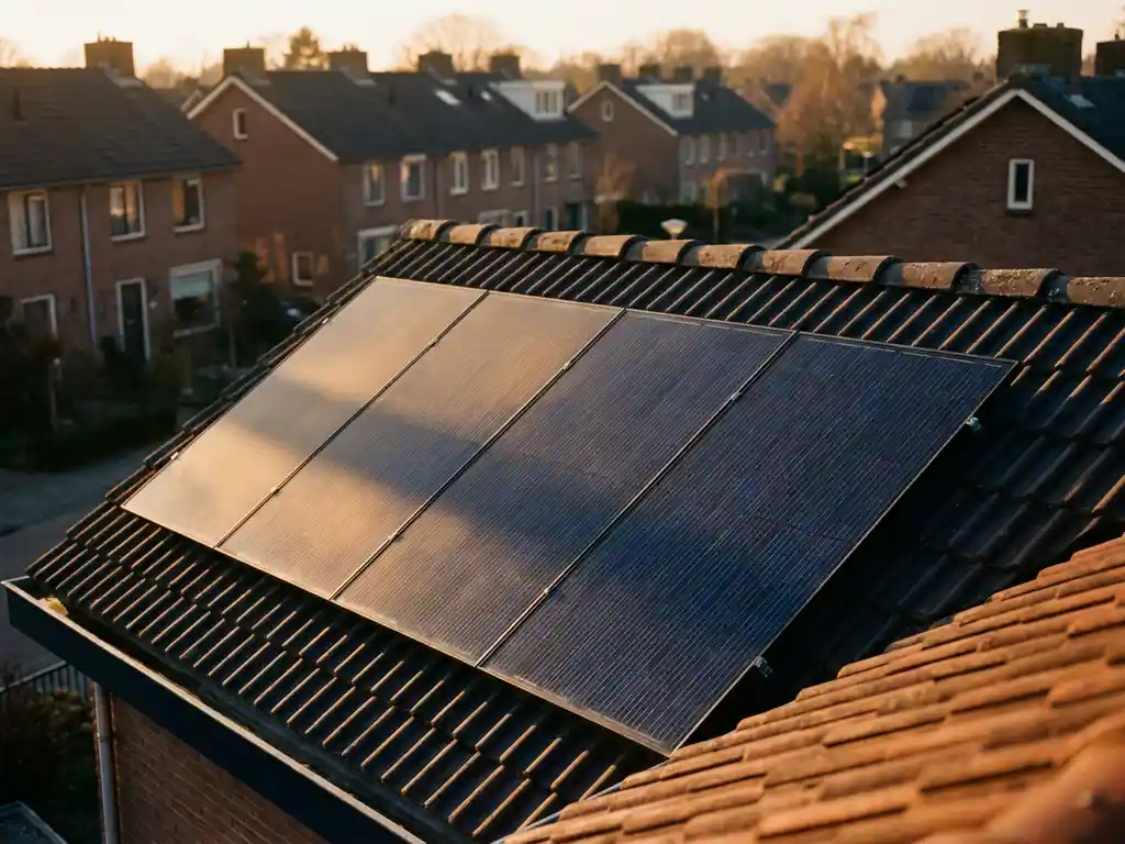 Vier zonnepanelen op een Nederlands dakpan dak in warm middagzonlicht, met een nette buitenwijk op de achtergrond.