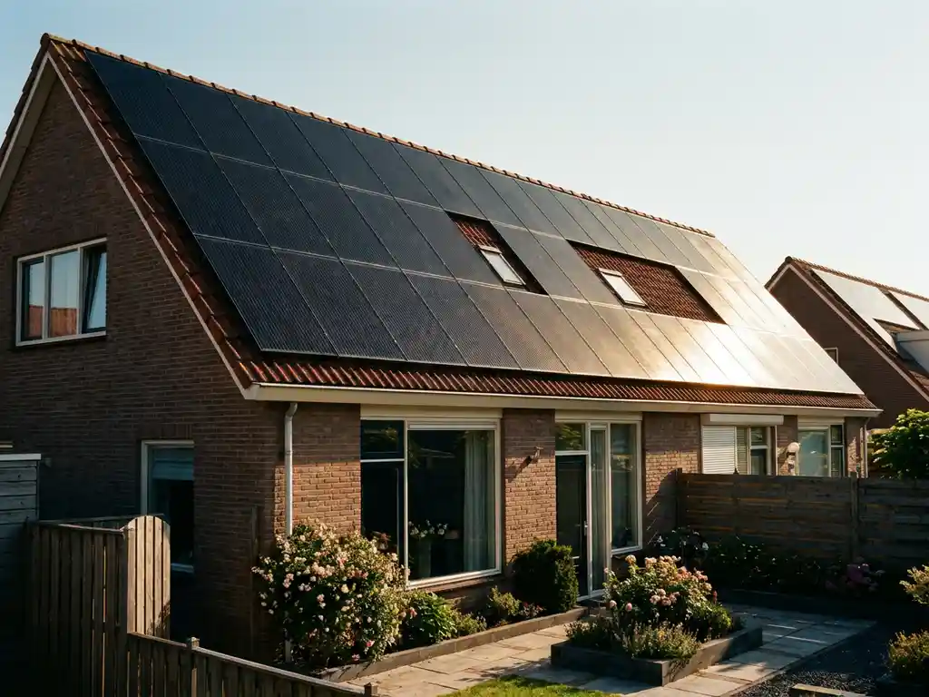 Zwarte zonnepanelen op dak van Nederlandse woning met zonnige tuin, goudkleurig middagzonlicht reflecterend op de panelen.
